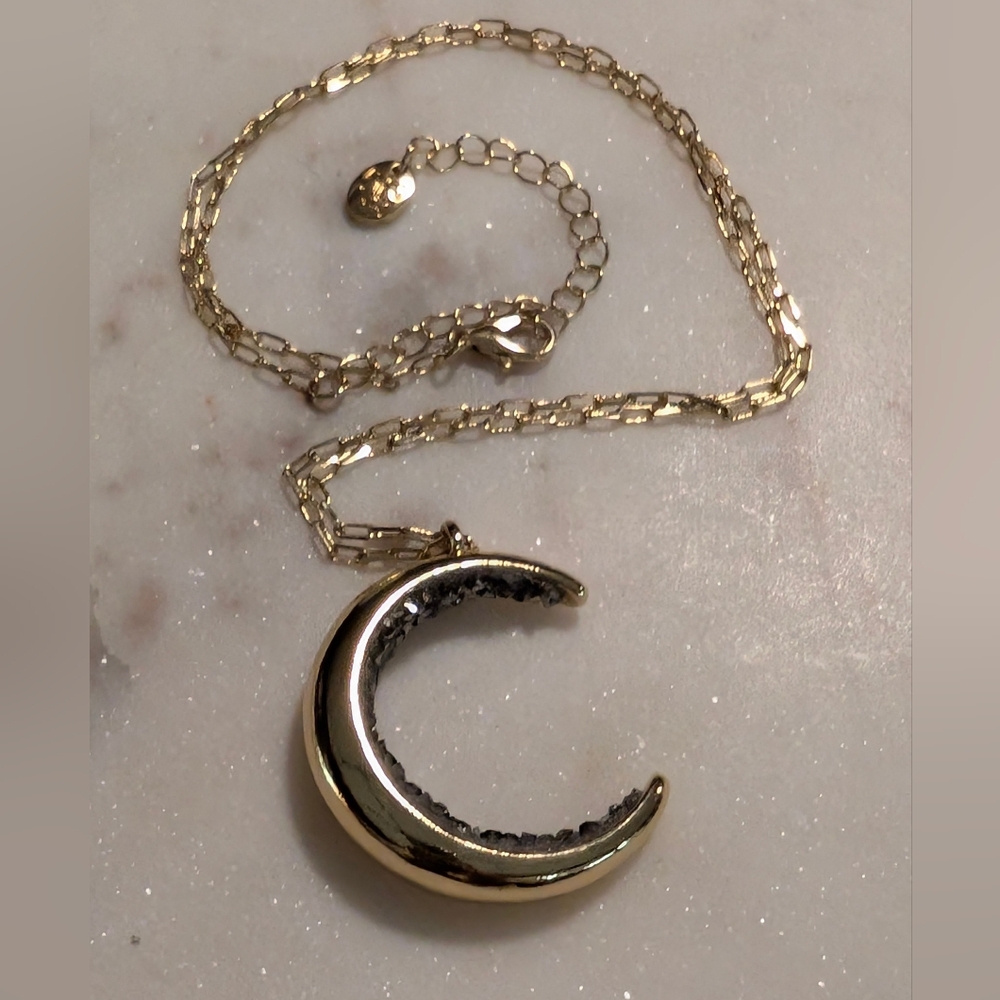 Crescent Moon Necklace, Gold Tone and Crystals - Picture 2 of 8